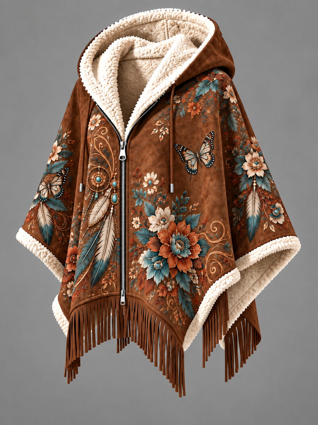 Women's Fall Winter Vintage Art Fleece-Lined Hooded Fringe Poncho